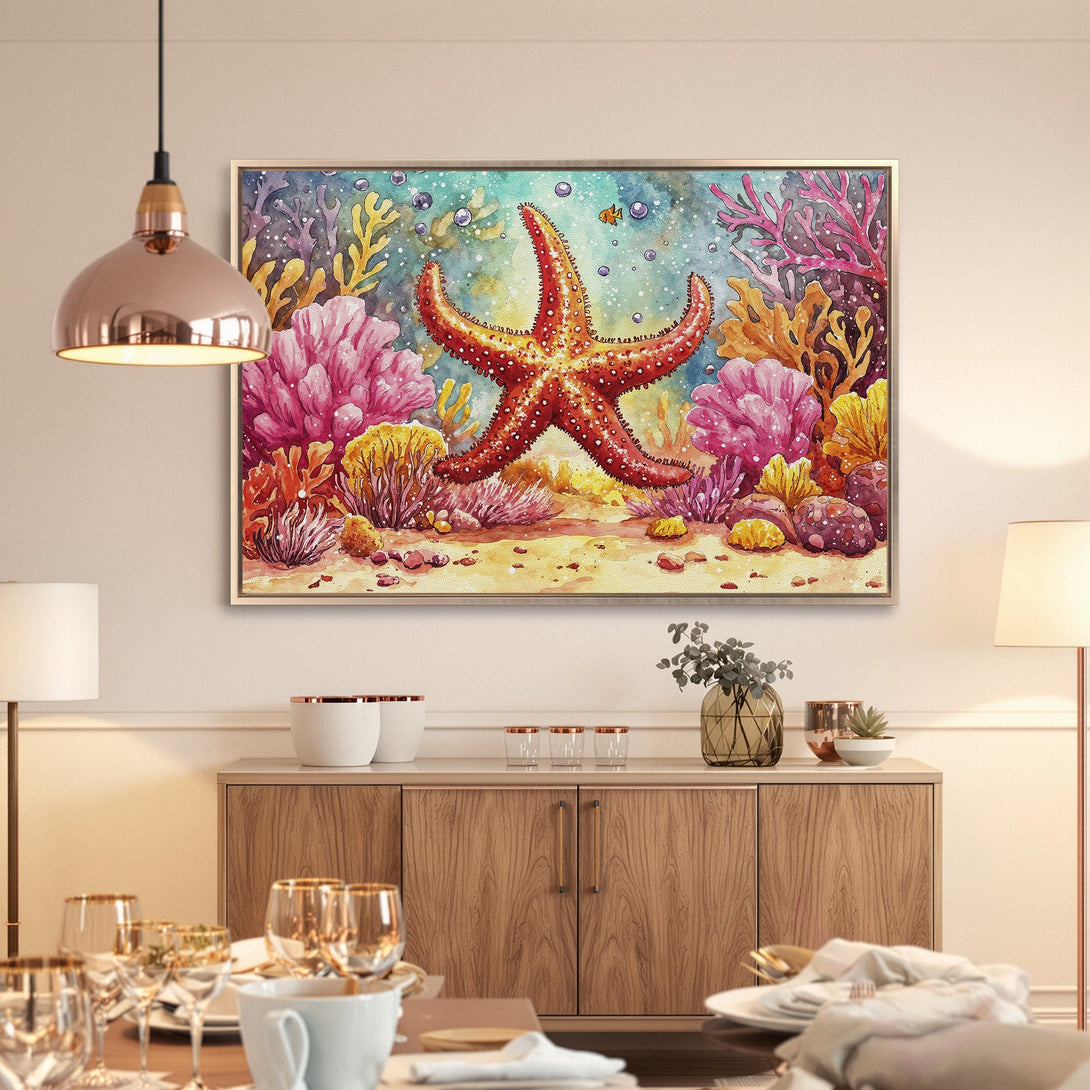 Framed Wall Art: Watercolor starfish & coral reef scene in vibrant reds, pinks, and blues. Coastal art perfect for adding a pop of color to your space.