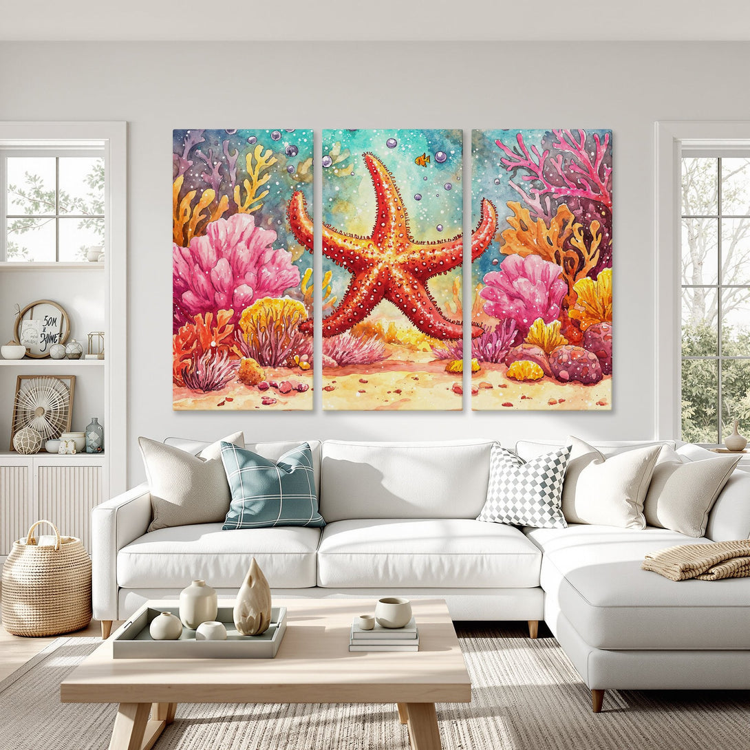 Canvas Print: Watercolor starfish art in a coastal style, featuring vibrant coral reef colors of red, pink, and yellow. Perfect for a beachy home!