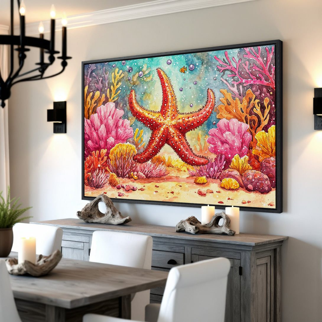 Framed Wall Art: Watercolor starfish art in vibrant coral reef colors. Perfect coastal decor for your dining room or living space.