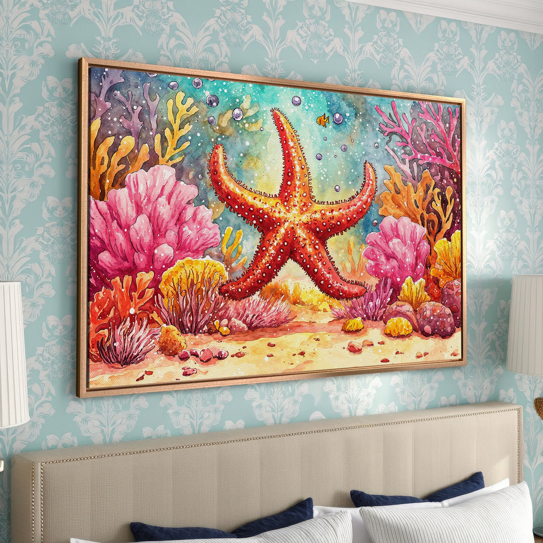 Framed Wall Art: Watercolor starfish painting with vibrant coral reef. Adds a splash of color to any room. Perfect for coastal decor, featuring a warm, colorful palette.