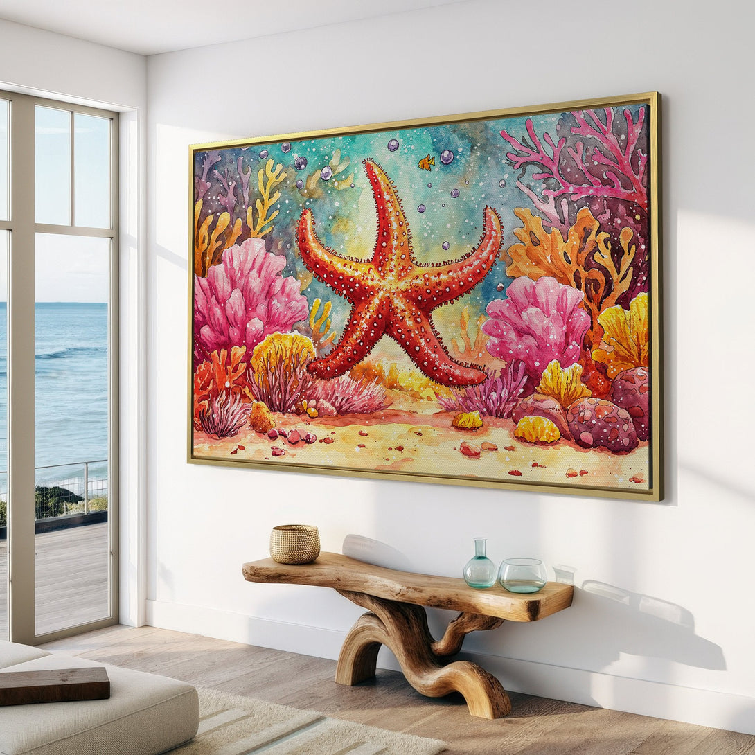 Canvas Print of a watercolor starfish scene in a coastal interior. Features vibrant coral, warm tones, and a calming, artistic style.