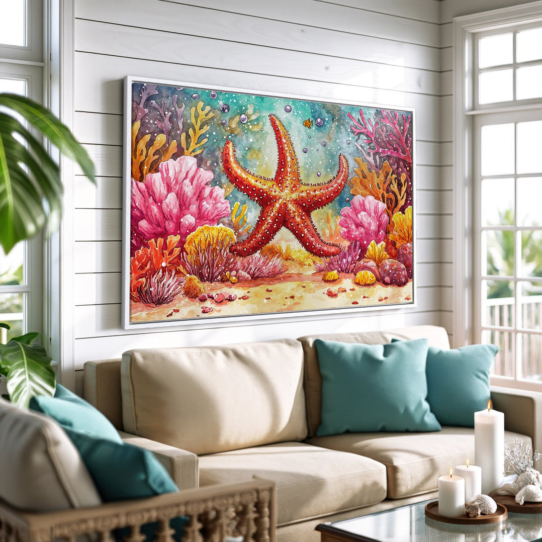 Framed Wall Art: Watercolor starfish and coral reef scene. Coastal decor with vibrant red, pink, and yellow palette. Perfect for beach house or living room.