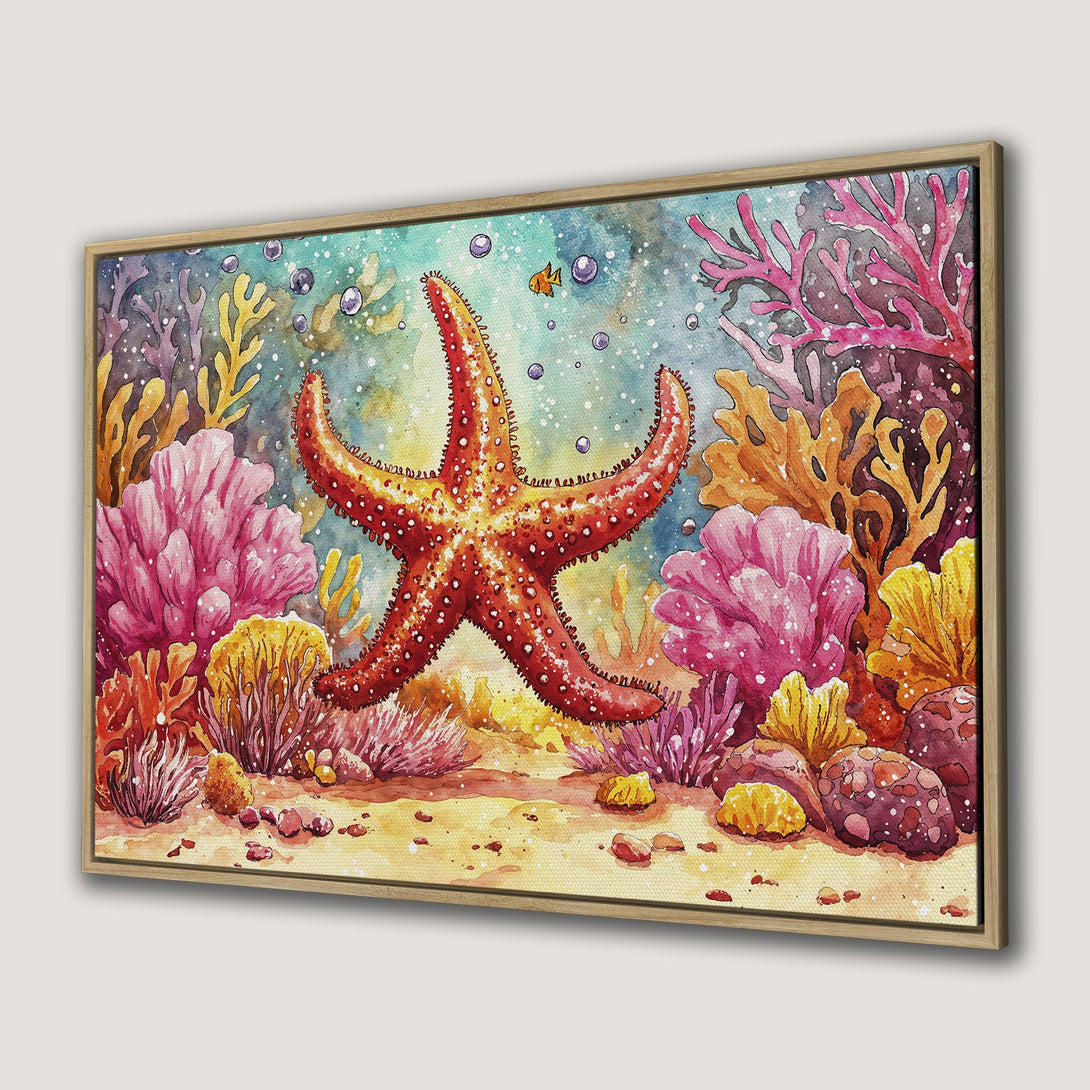 Canvas Print: Watercolor starfish art in vibrant coral reef colors. Coastal wall decor with a warm, inviting palette.