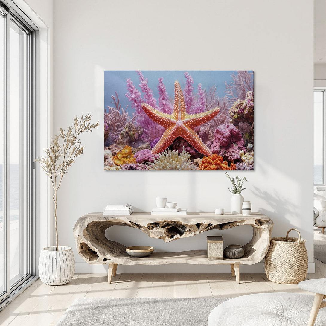 Framed Wall Art: Stunning starfish canvas print in vibrant coral reef scene. Perfect coastal decor with pink, orange, and blue hues. Bring the ocean home!