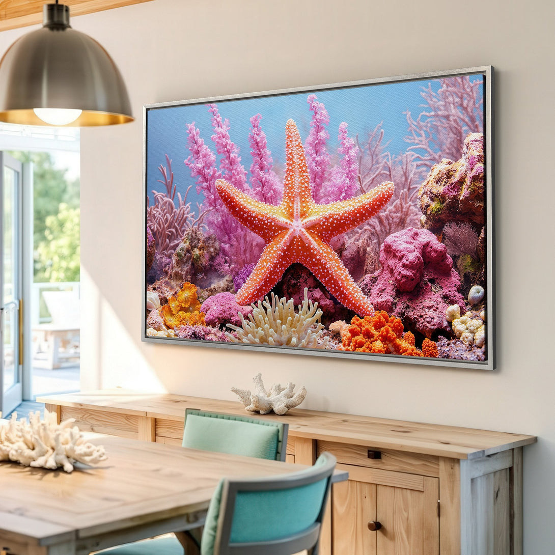 Framed Wall Art: Vibrant starfish & coral reef scene. Coastal style art with a colorful palette of orange, pink, and blue. Bring the ocean home!