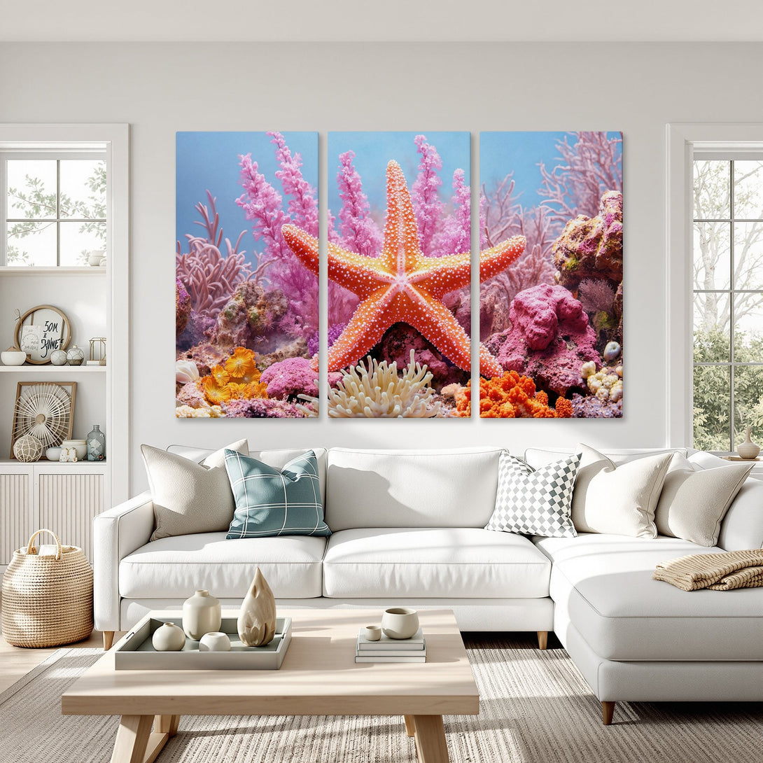 Canvas Print of a vibrant starfish and coral reef scene in a coastal style, featuring a pink, orange, and blue color palette.