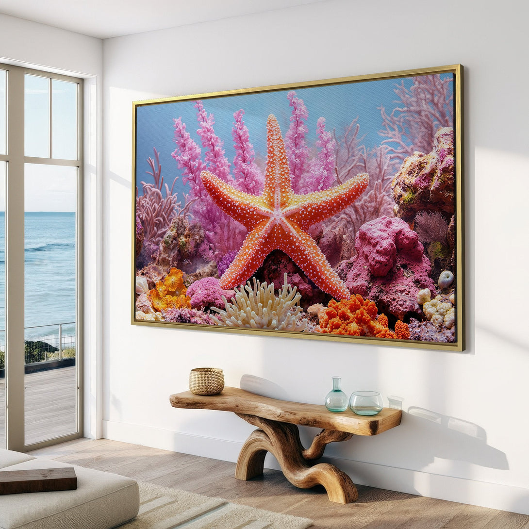 Canvas Print of a vibrant starfish and coral reef scene. Adds a pop of color to any room. Coastal style with pink, orange, and blue hues.