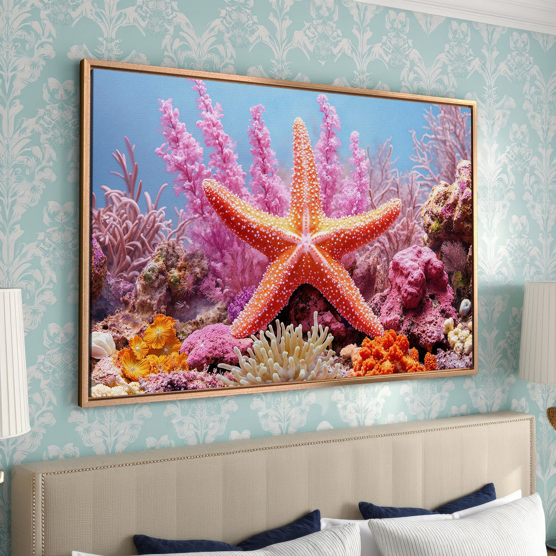 Framed Wall Art: Vibrant coral reef scene with a starfish in a bedroom. Colorful artwork with pinks, oranges, and blues. Bring the ocean home!