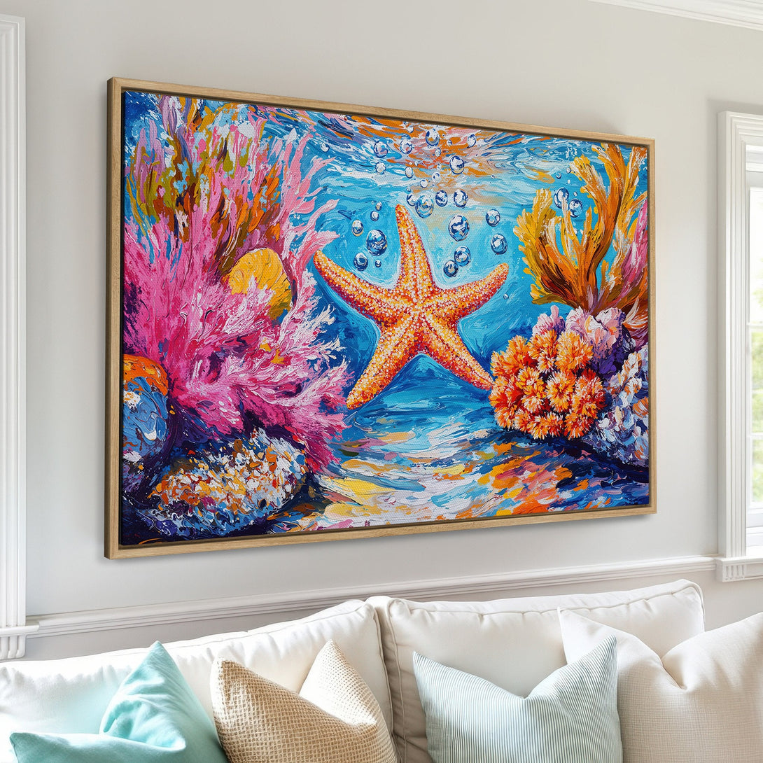 Framed Wall Art Canvas Print of a vibrant starfish underwater scene. Colorful, impressionistic style with blues, pinks, oranges, and yellows. Coastal art for your home!