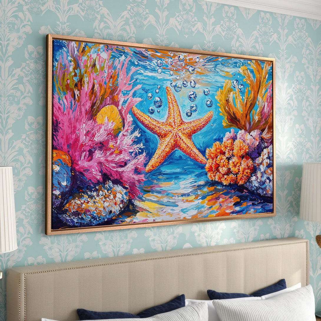 Framed Wall Art: Vibrant starfish painting in a bedroom. Colorful, impressionistic style with a blue, orange, and pink palette. Perfect coastal decor!