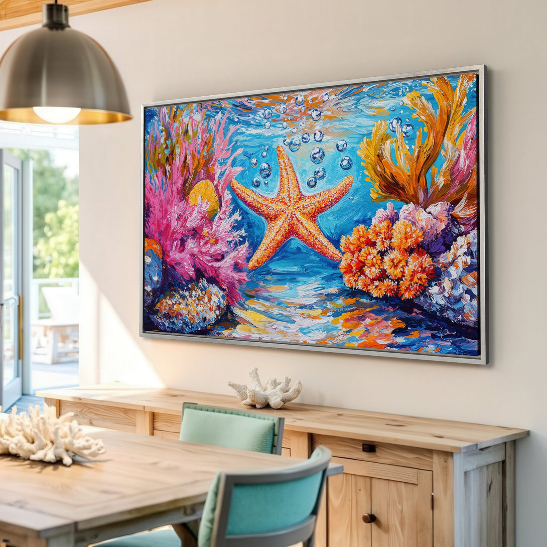 Framed Wall Art: Vibrant underwater scene Canvas Print featuring a starfish, coral, and bubbles. Colorful palette of blues, oranges, and pinks, perfect for coastal decor.
