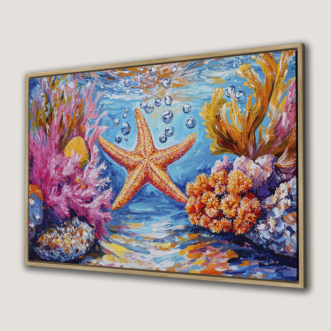 Framed Wall Art: Colorful underwater scene with starfish & coral. Impressionist style, vibrant blue, orange, & pink palette. Perfect ocean decor.
