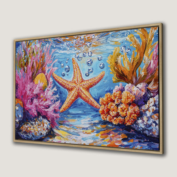 Framed Wall Art: Colorful underwater scene with starfish & coral. Impressionist style, vibrant blue, orange, & pink palette. Perfect ocean decor.