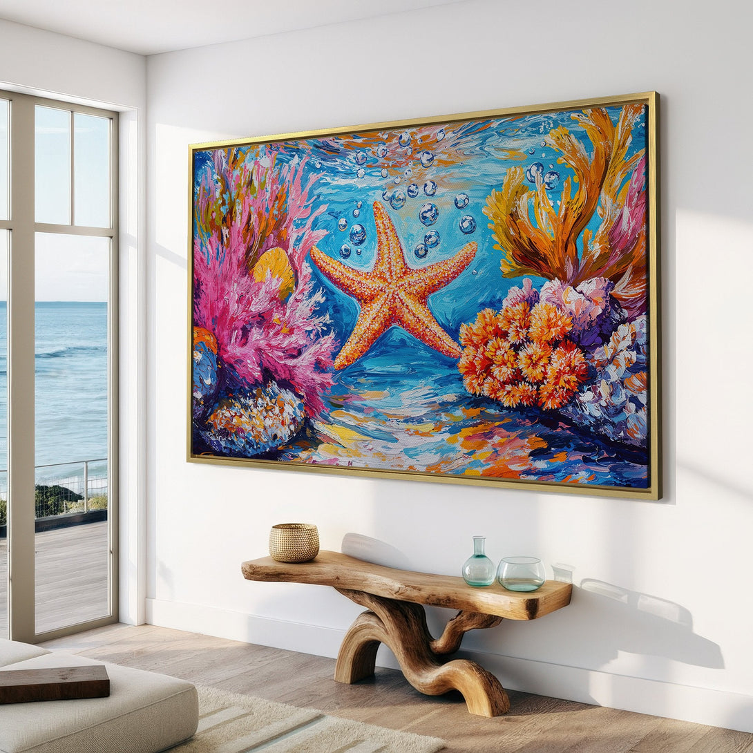 Vibrant Canvas Print of a starfish underwater, colorful impressionist style. Blue, orange, and pink palette perfect for coastal decor.