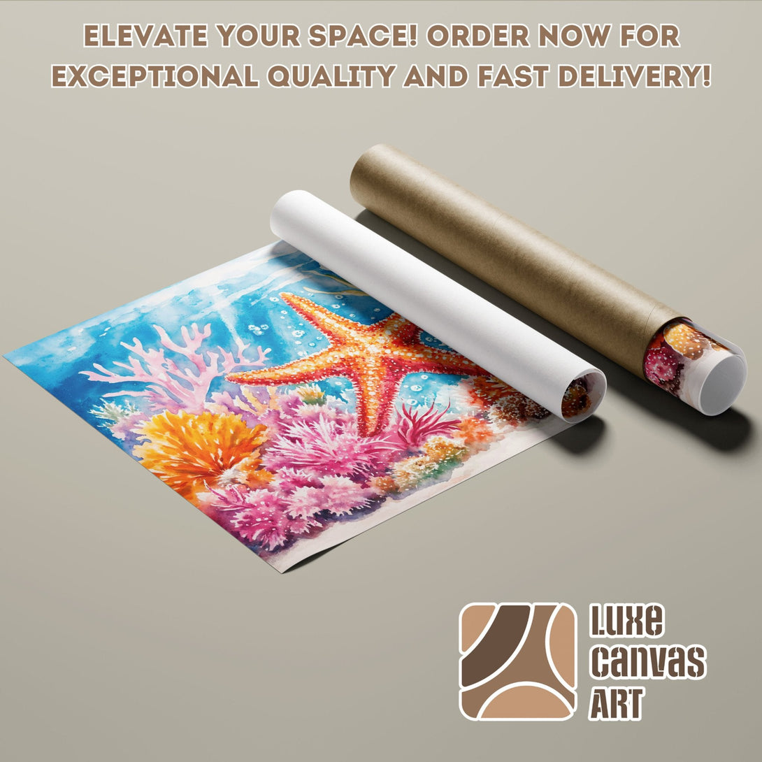 Watercolor Poster Roll featuring a vibrant coral reef scene in blue, orange, and pink. Order now!