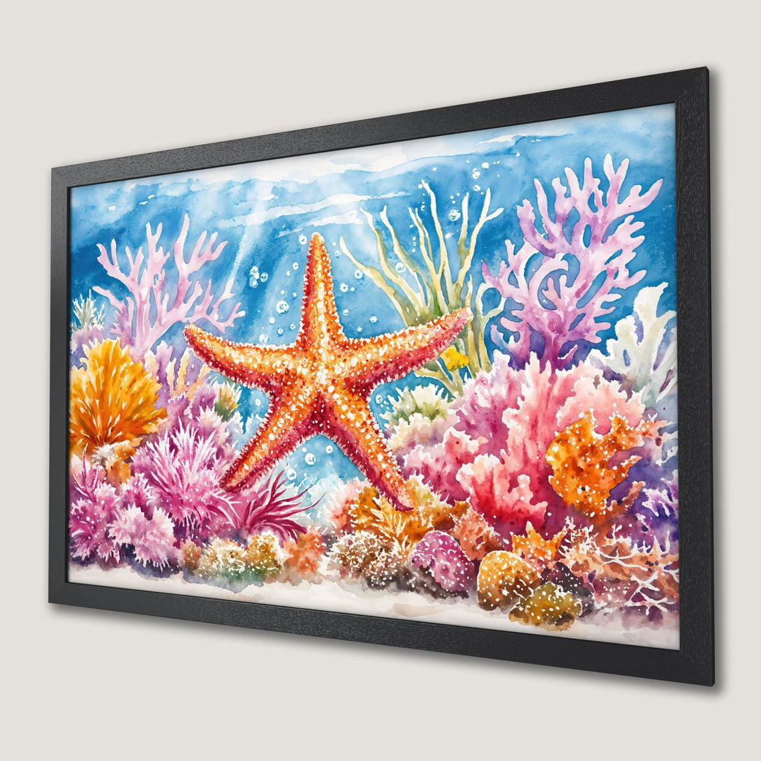 Framed Poster featuring a vibrant watercolor painting of a starfish and coral reef in a blue, pink, and orange palette.