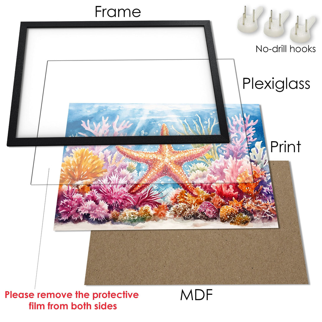 Framed Poster featuring a watercolor starfish and coral reef art. Vibrant colors and a stunning underwater scene. Perfect wall decor!