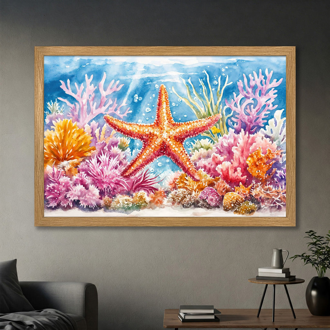 Framed Poster featuring a vibrant watercolor starfish and coral reef scene. Beautiful blue, pink, and orange color palette. Perfect ocean art!