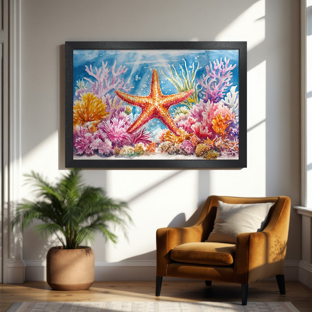 Framed Poster featuring a vibrant watercolor starfish and coral reef scene. Beautiful blues, oranges, and pinks create a stunning underwater aesthetic.