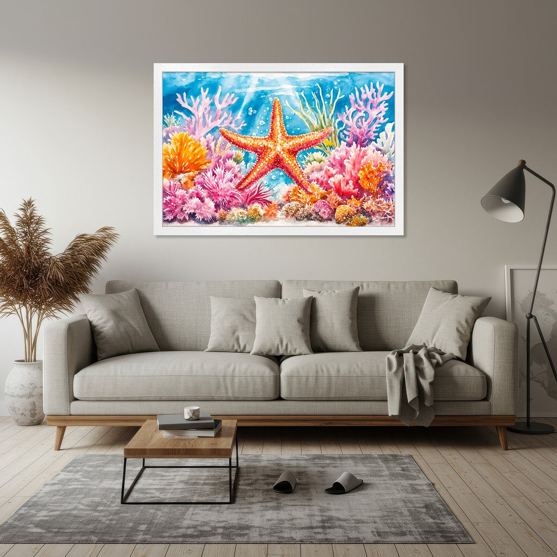Framed Poster featuring a vibrant watercolor starfish and coral reef scene. Beautiful blues, pinks, and oranges. Perfect coastal decor!