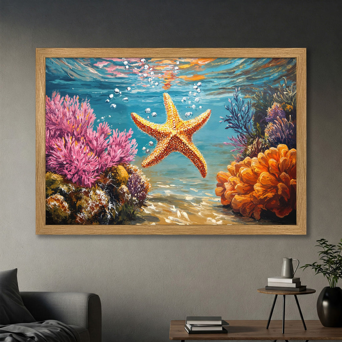 Framed Poster featuring a vibrant underwater scene with a starfish, coral, and a blue and orange color palette. Perfect wall art!