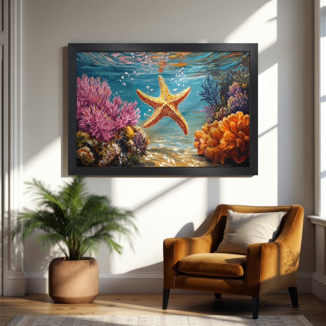 Framed Poster of a vibrant starfish underwater scene, with coral in pink, orange, and blue hues. Perfect wall art!