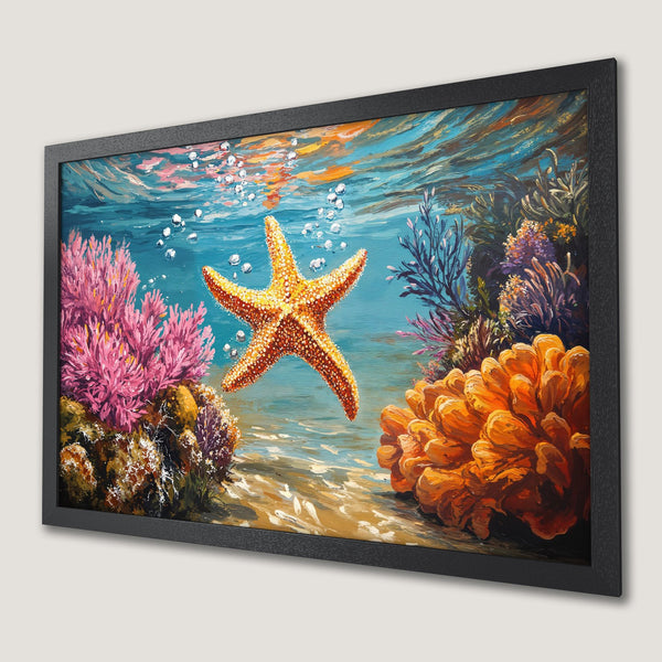Framed Poster featuring an underwater seascape with a starfish, corals, and bubbles. Vibrant blues, oranges, and pinks create a lively, artistic feel.