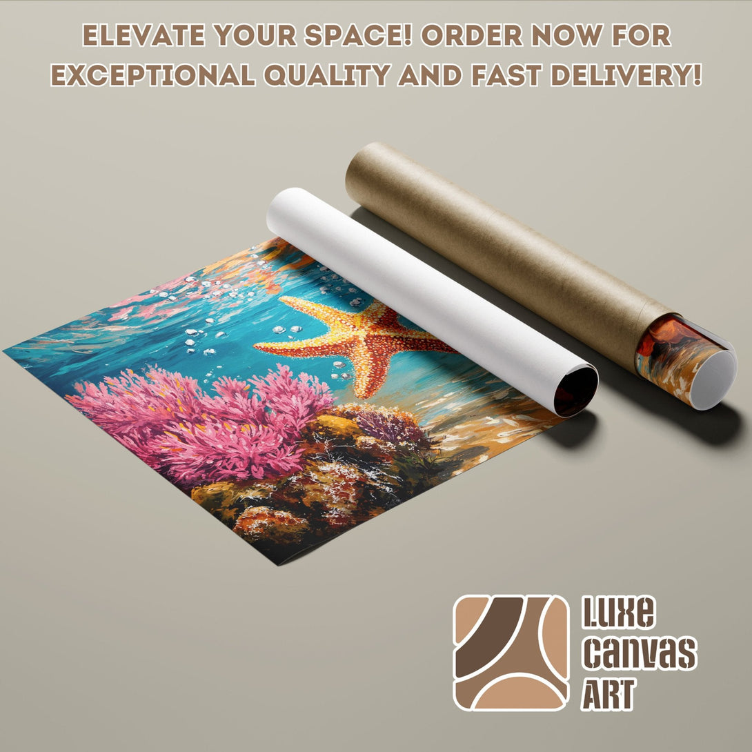 Poster Roll of an underwater scene with a starfish, vibrant colors, and an artistic style.