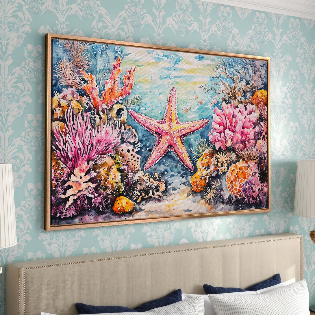 Framed Wall Art: Watercolor starfish and coral reef in vibrant pinks, oranges, and blues. Coastal decor for a serene bedroom.
