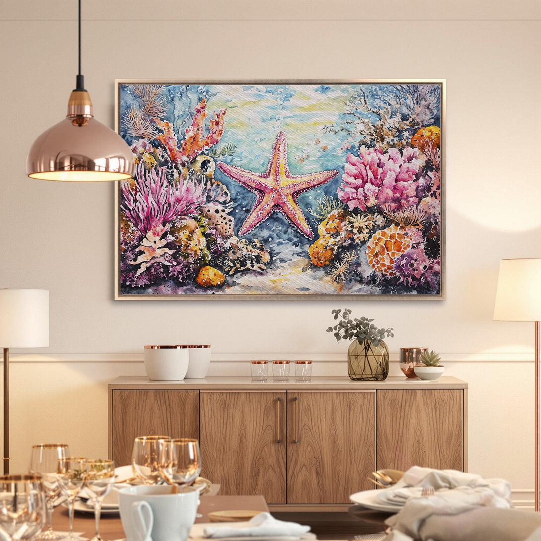 Framed Wall Art: Watercolor starfish and coral reef in vibrant pinks, oranges, and blues. Coastal art for a stylish home.