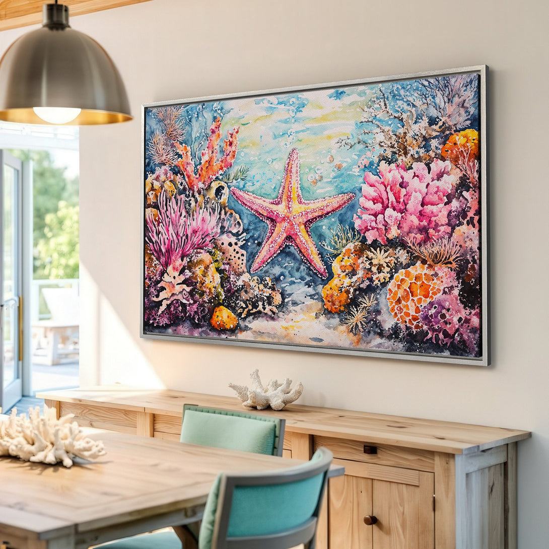 Framed Wall Art: Watercolor starfish & coral reef art in vibrant pinks, blues, and oranges. Coastal style Canvas Print for a splash of color.