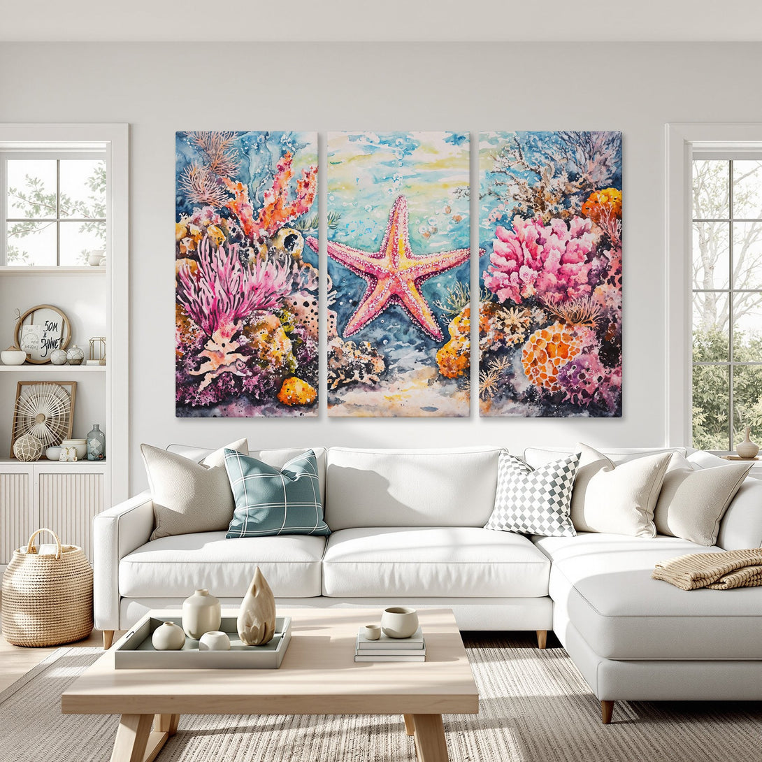 Canvas Print: Watercolor starfish & coral reef art. Coastal style wall decor with vibrant pinks, blues, and oranges. Perfect for beach house vibes!