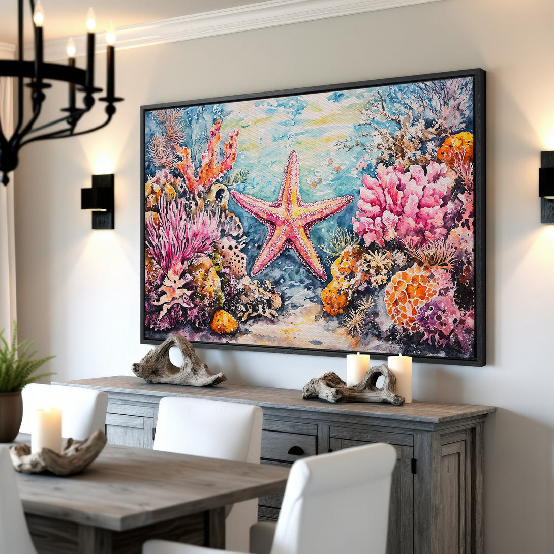Framed Wall Art: Watercolor starfish and coral reef art in vibrant pinks, blues, and oranges. Coastal decor for a serene, colorful interior.