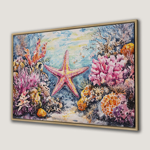 Framed Wall Art: Watercolor starfish and coral reef art print. Vibrant blues, pinks, and oranges create a stunning underwater scene for your home decor.