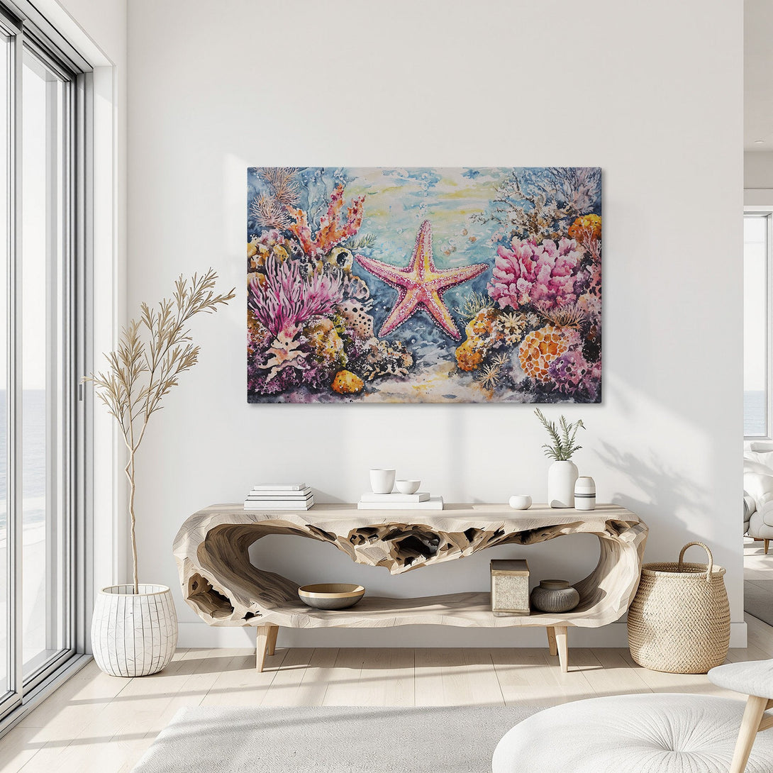Framed Wall Art: Stunning watercolor starfish and coral reef Canvas Print. Vibrant pinks, blues, and oranges create a coastal, artistic focal point for your home.