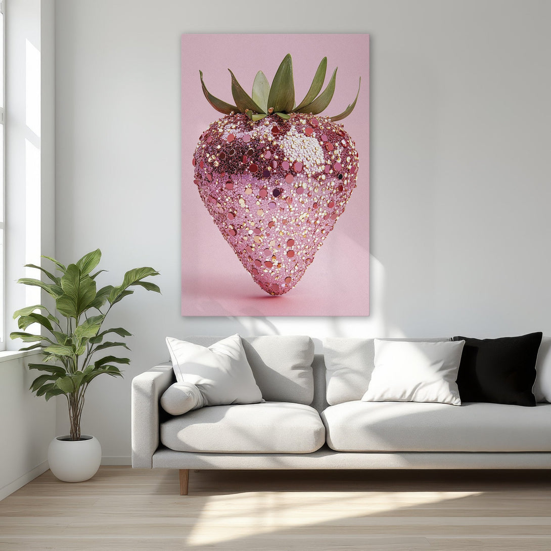 Framed Wall Art: Glamorous strawberry Canvas Print in pink, gold, and green. Perfect for adding a touch of luxury to your bedroom decor. Shop now!