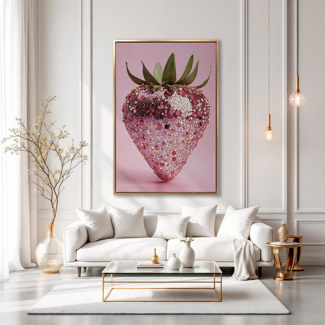 Framed Wall Art: Glamorous strawberry art in pink & gold tones. Modern interior decor with a touch of sparkle, perfect for adding a pop of color to your space.