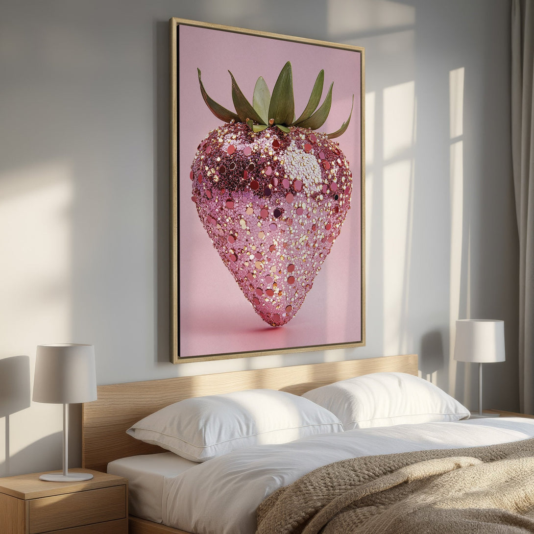 Framed Wall Art featuring a sparkling strawberry in pink and gold. Add a touch of glam to your bedroom with this unique, stylish canvas print!