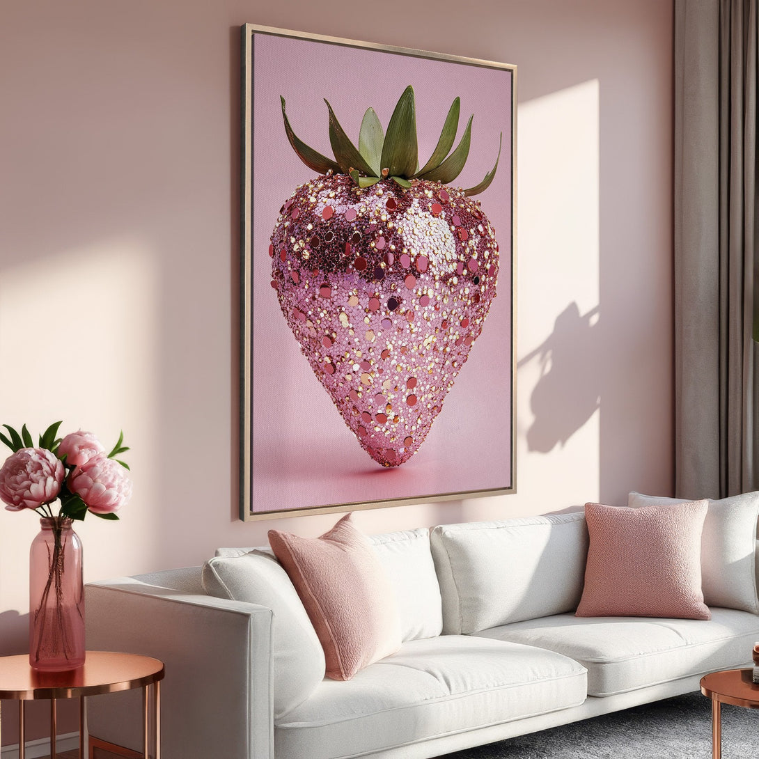 Framed Wall Art: Glamorous pink strawberry art print in a modern interior. Featuring a glittery style with a blush and rose color palette. Perfect wall decor!