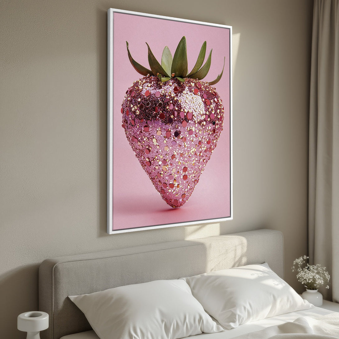 Framed Wall Art: Glamorous strawberry print in pink and gold, adding a touch of sparkle to any room. Modern art for a stylish home.