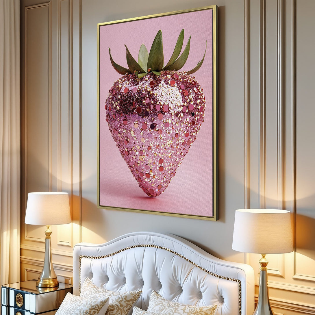 Canvas Print: Sparkling strawberry art in pink and gold. Modern wall decor for a pop of color. Perfect for adding a touch of glam to your space.