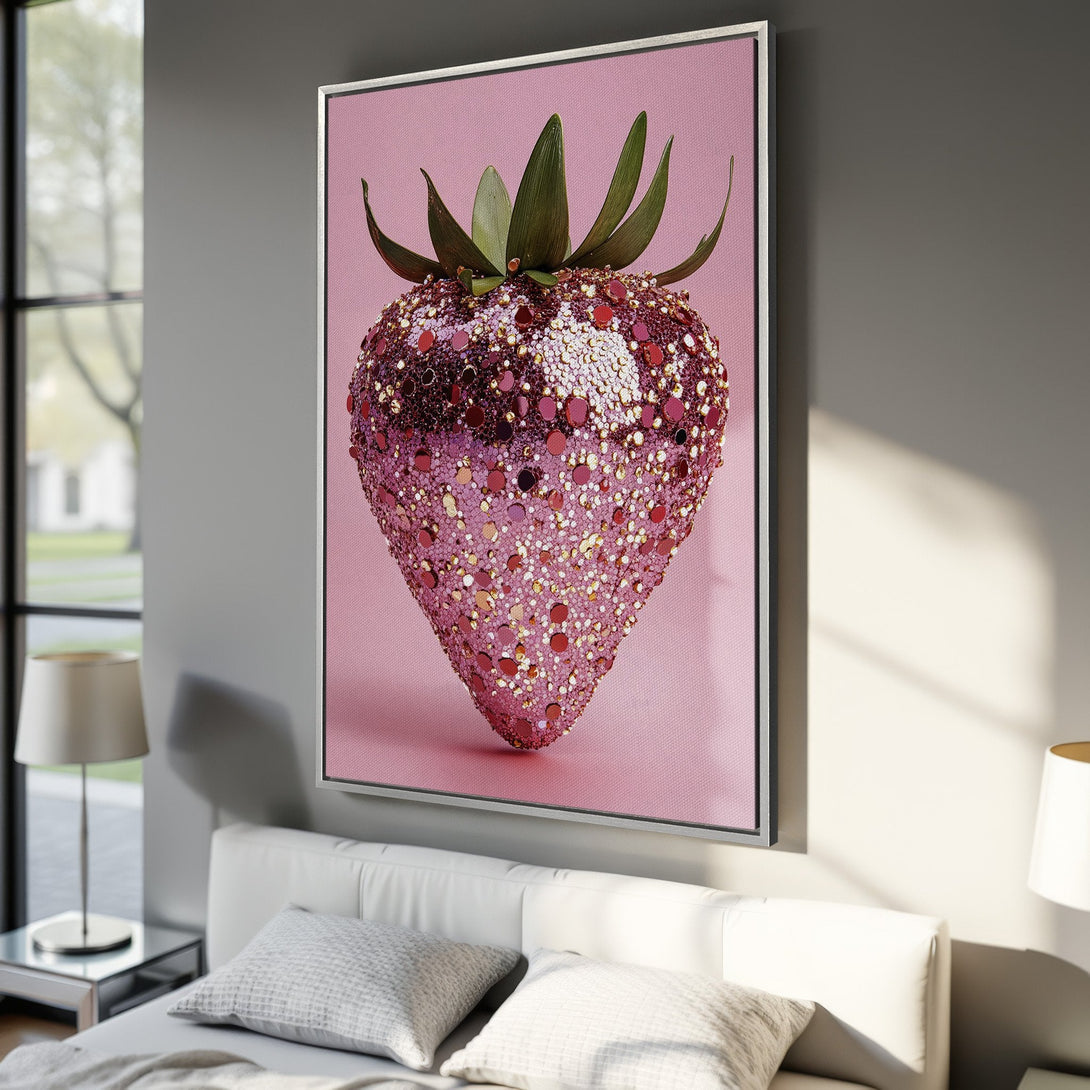 Framed Wall Art: Glamorous strawberry canvas print in pink and burgundy, perfect for adding a touch of sparkle and modern style to your bedroom decor.