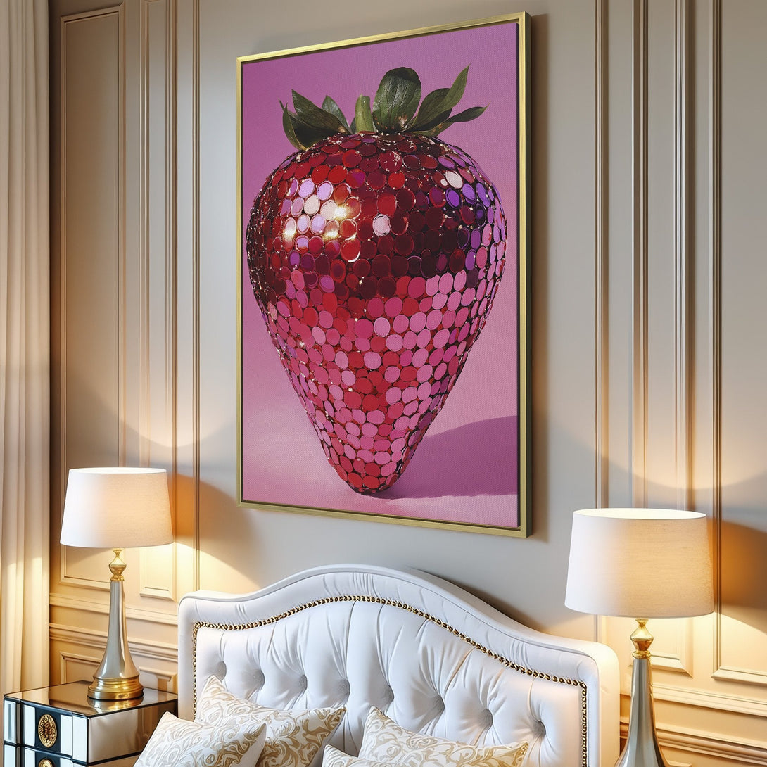 Canvas Print of a sparkling strawberry in a modern interior. Pink and red color palette, pop art style. Add a touch of fun to your space!