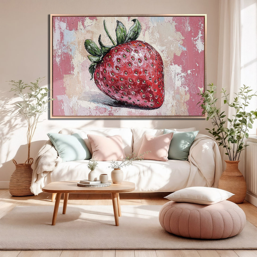 Framed Wall Art: Large, vibrant strawberry painting in a modern interior. Features a pink and red color palette, perfect for kitchen or dining room decor.
