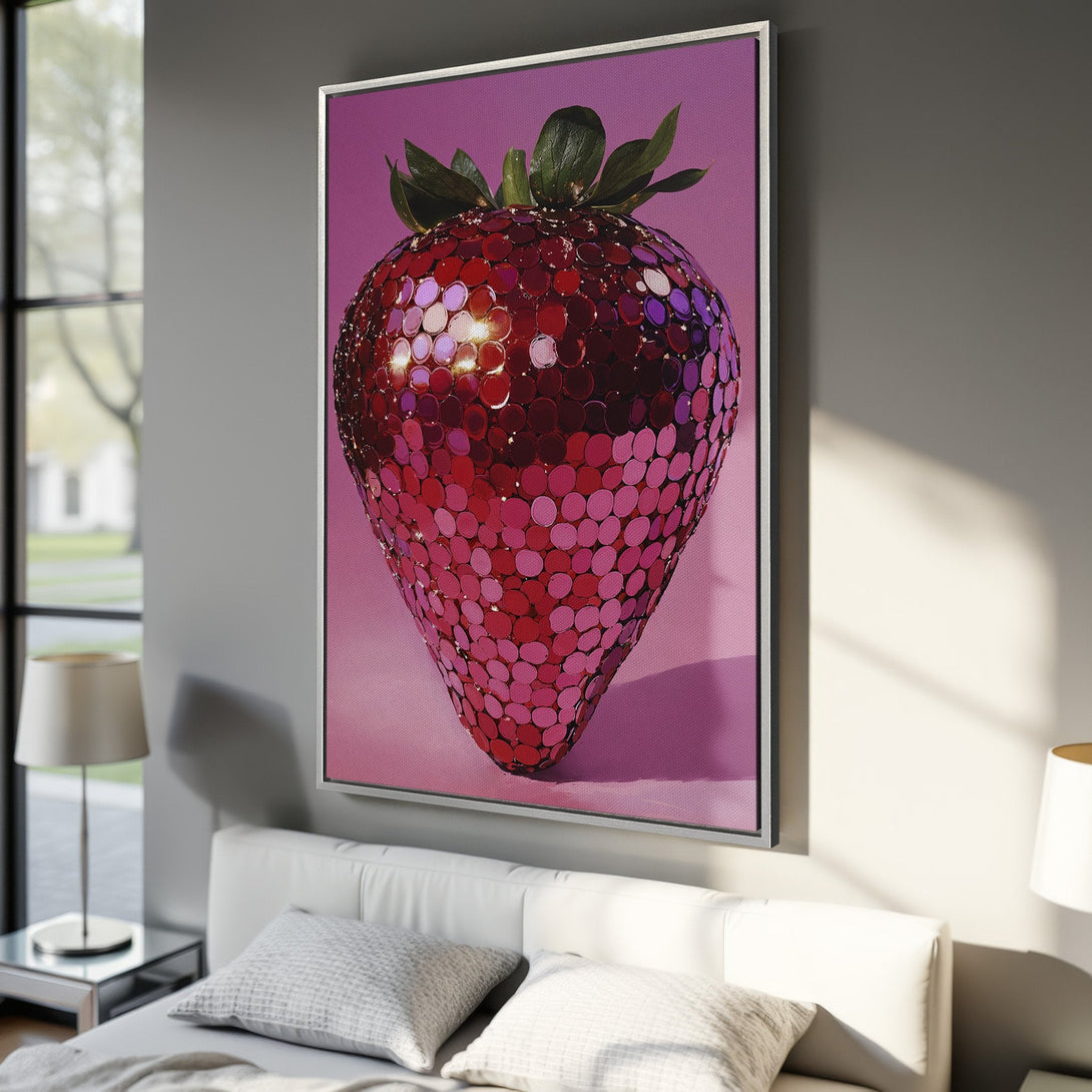 Framed Wall Art: Modern, pop art style Canvas Print of a sparkling strawberry in a pink and red color palette, perfect for adding a touch of whimsy.