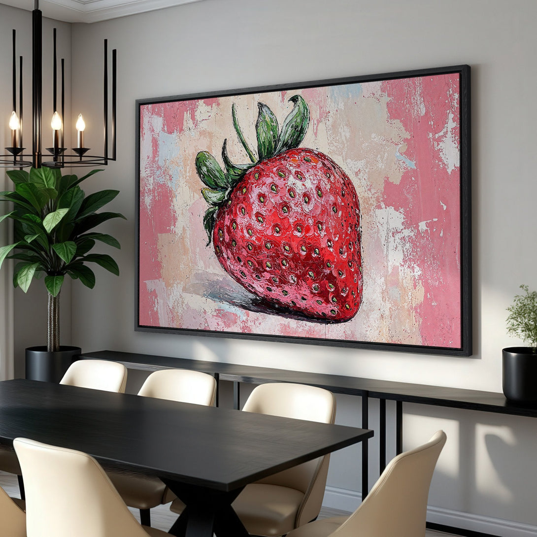 Framed Wall Art: Bold, textured strawberry painting in a modern dining room, featuring a vibrant red and pink color palette. Enhance your space with this art!
