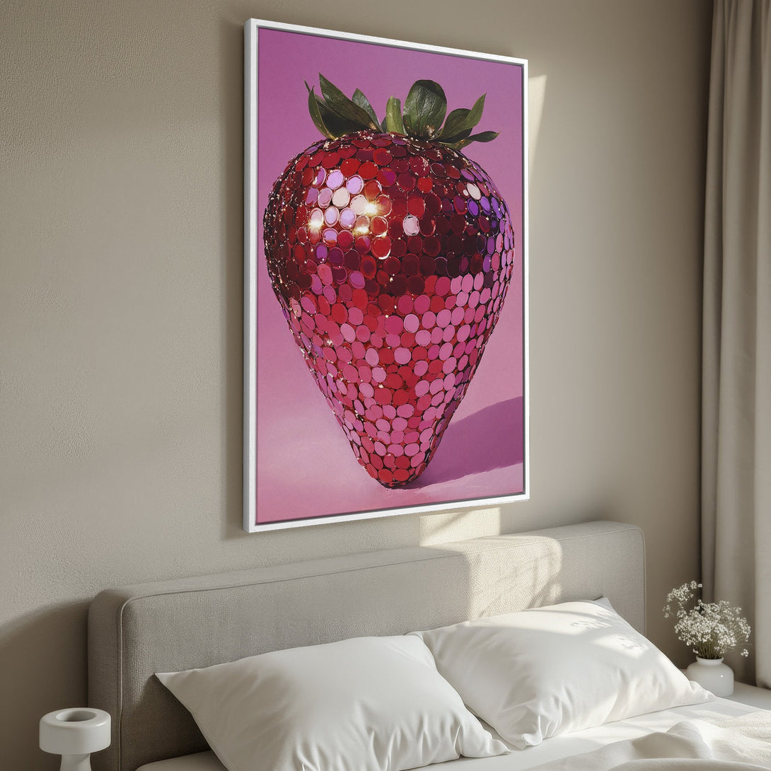Framed Wall Art: Pop art style strawberry canvas print in vibrant red and pink hues. Perfect for adding a touch of fun to any room!