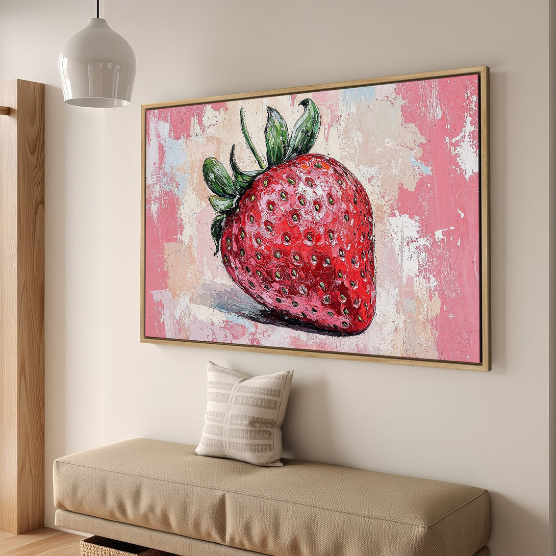 Framed Wall Art: Vibrant strawberry painting in a modern style with a pink and red color palette. Perfect kitchen or dining room decor.