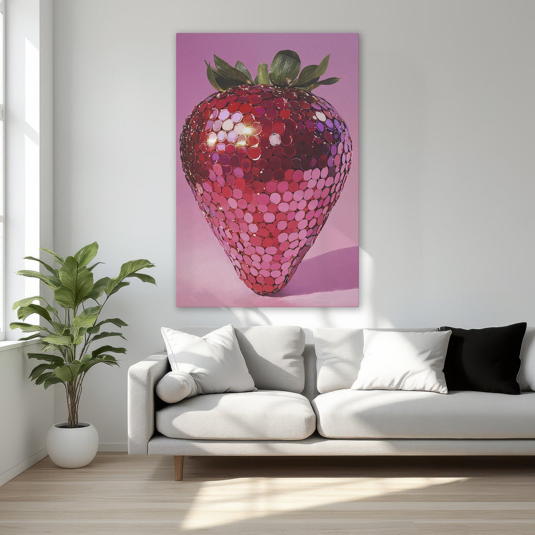 Framed Wall Art: Pop art strawberry print in pink and red hues. Modern canvas art for a stylish bedroom. Add a touch of fun to your decor!