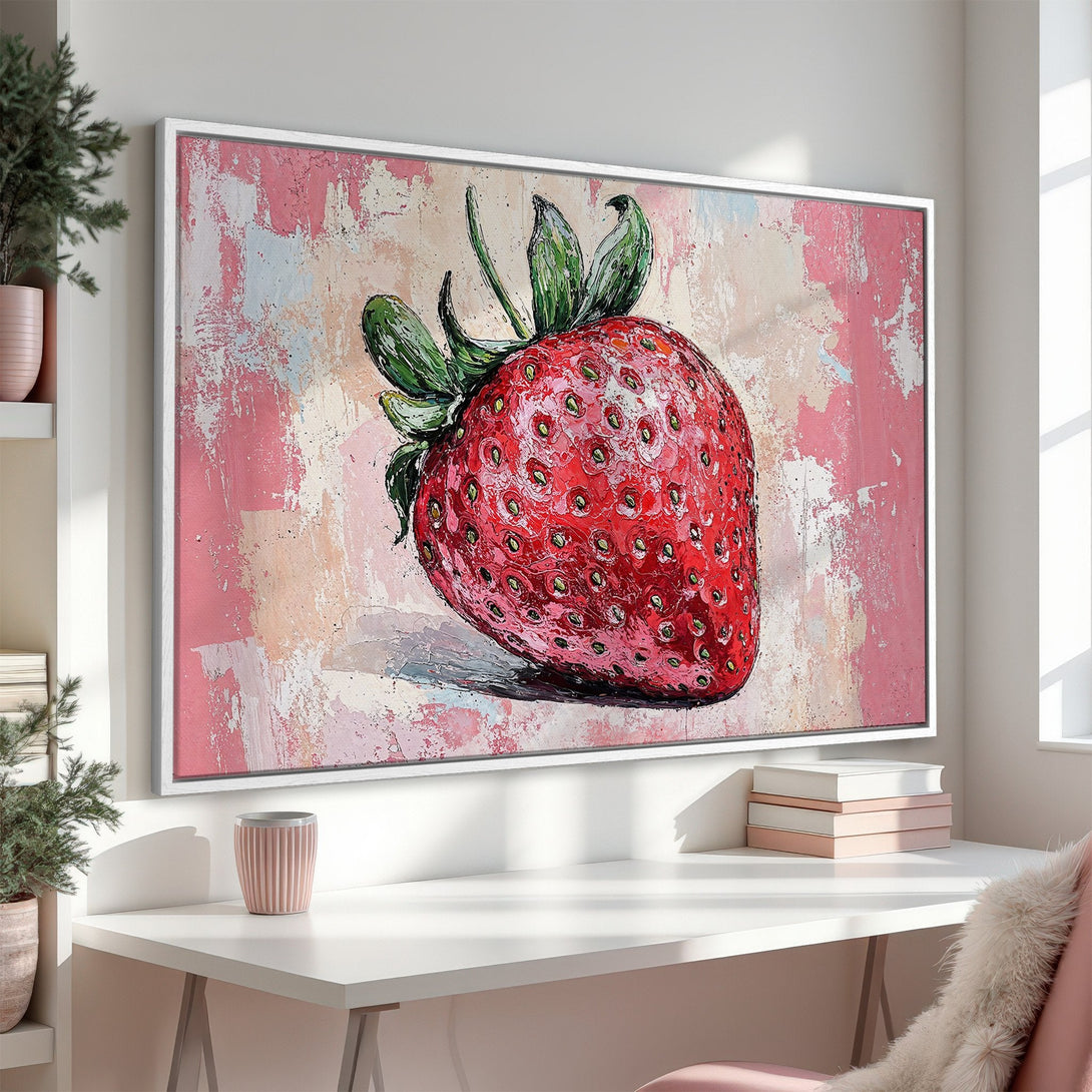 Framed Wall Art: Vibrant strawberry painting in a modern, impressionistic style. Featuring a red, pink, and green color palette, perfect for kitchen decor.